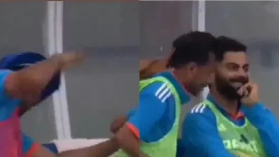 Rohit Sharma playfully hitting Chahal.