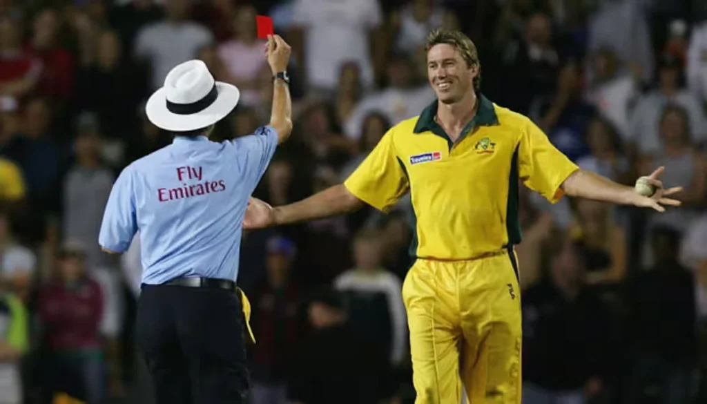 Billy Bowden shows a red card to Glenn McGrath.