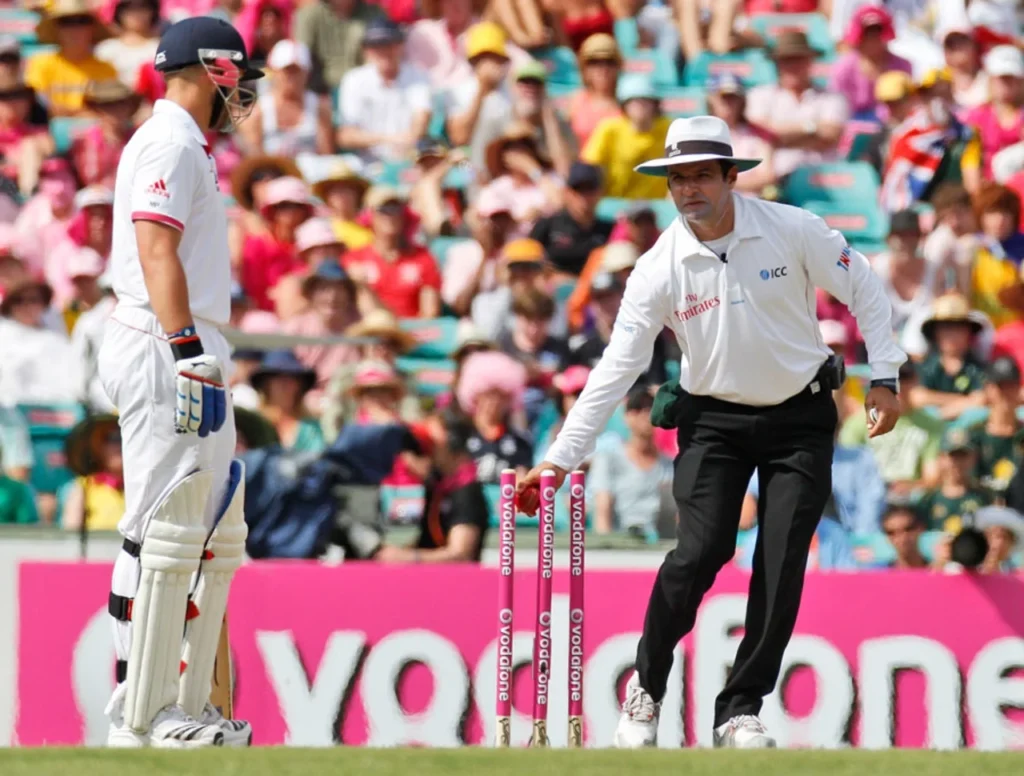 Aleem Dar hits the bails off as Matt Prior remains off the crease.