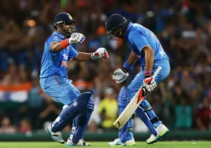Yuvraj Singh and Suresh Raina celebrate after winning over Australia.