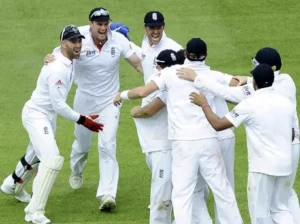 England celebrates after defeating India by an innings and 242 runs.