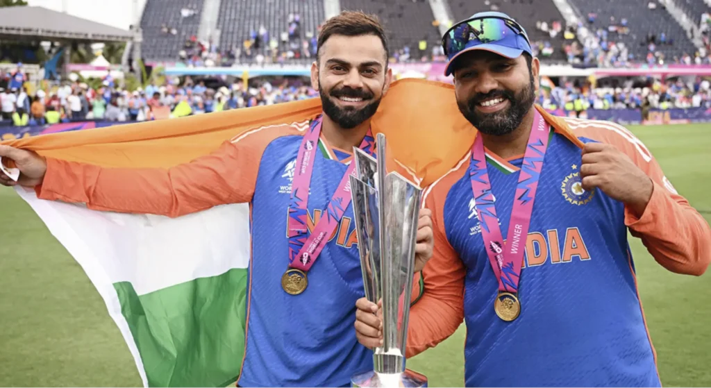 Rohit Sharma and Virat Kohli with the trophy.