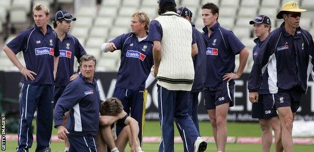 Glenn McGrath injured after stepping on the ball.