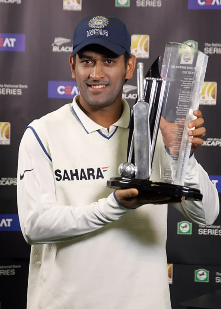 MS Dhoni with the series trophy against New Zealand.