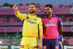 Sanju Samson and MS Dhoni during the toss.