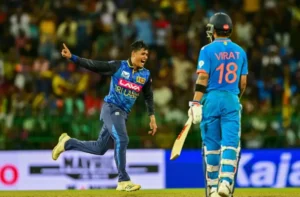 Jeffrey Vandersay celebrates after picking the wicket of Virat Kohli.
