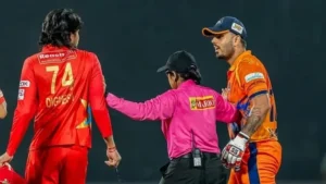 Digvesh Rathi and Nitish Rana go for a heated clash.