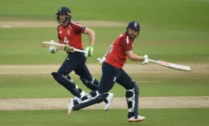 England player taking a run during their innings.