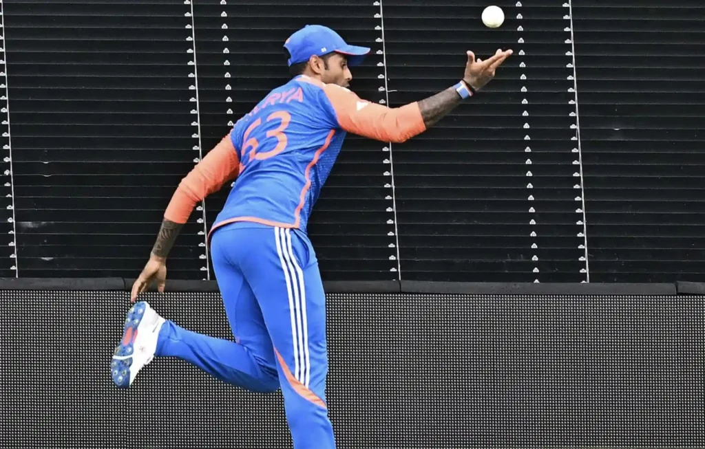 Suryakumar Yadav taking the catch in the T20 World Cup 2024 Finals.