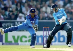 Joe Root playing a shot during the match.