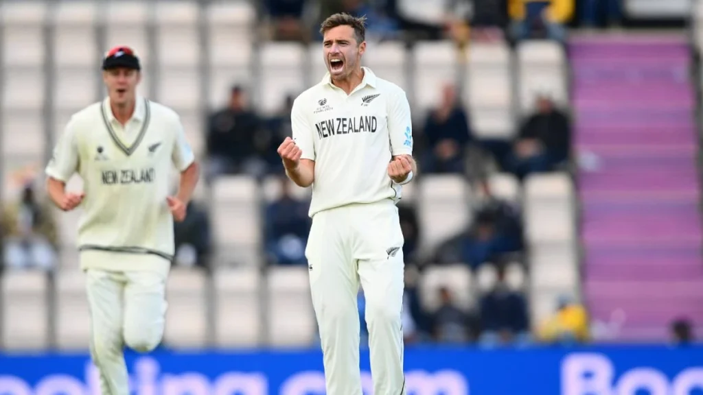 Tim Southee takes up a much-needed wicket for the Kiwis.
