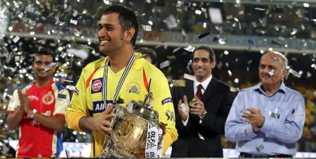 MS Dhoni lifts the IPL trophy yet again.