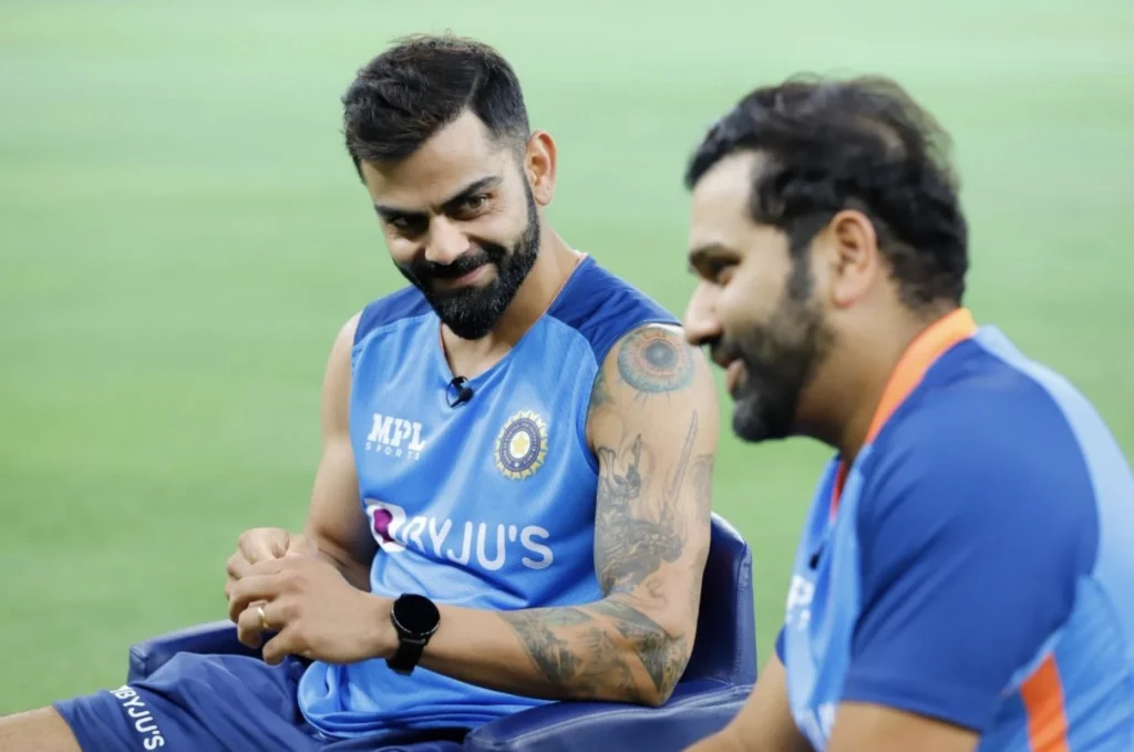 Virat Kohli and Rohit Sharma having a conversation after the match.
