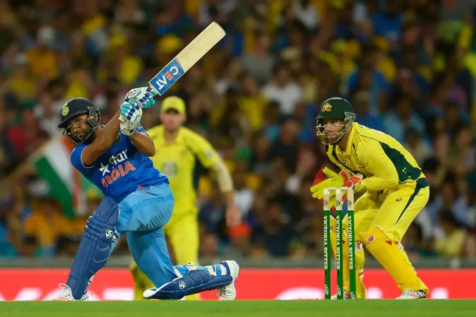 Rohit Sharma smashes the Australian spinners.