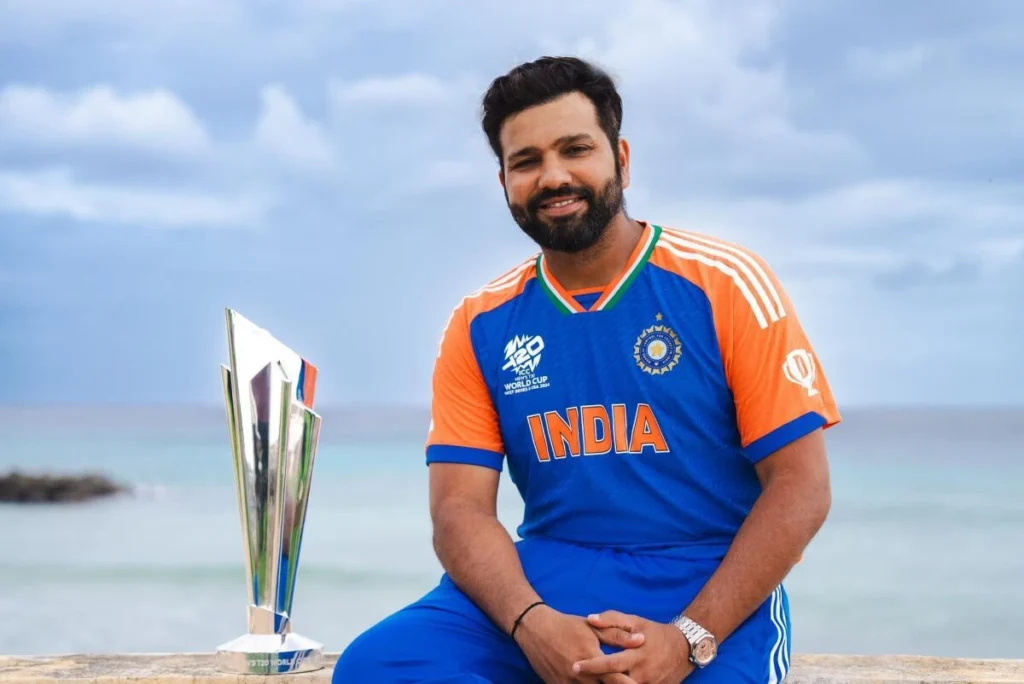 Rohit Sharma with the T20 World Cup trophy.