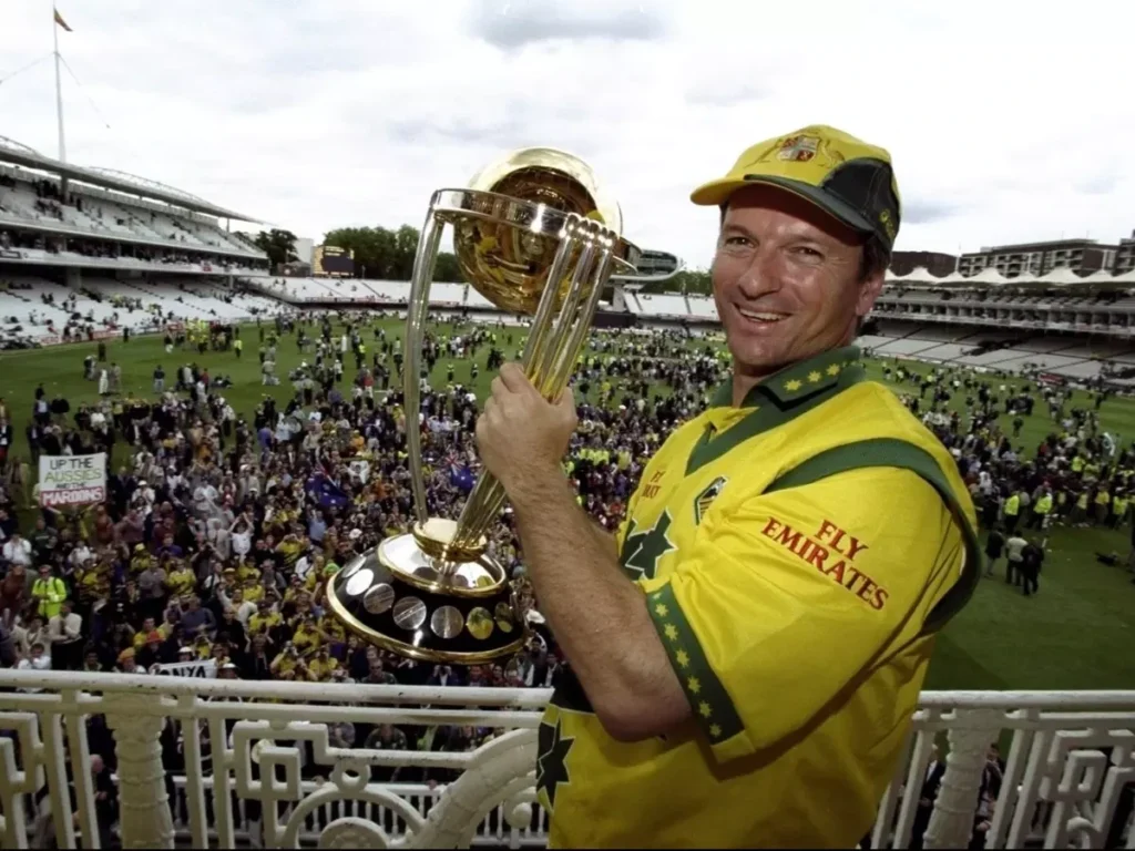 Steve Waugh with the 1999 World Cup trophy.