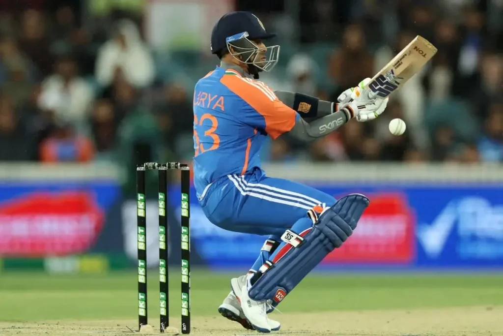 Suryakumar Yadav tries the ramp shot against the Australian pacers.